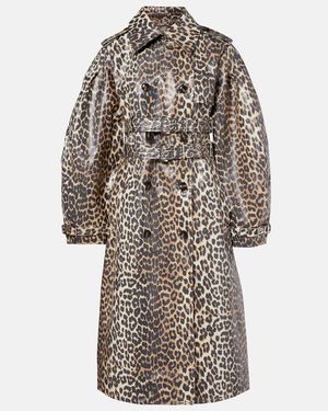 Ganni Leopard-Print Cotton Canvas Trench Coat - Natural