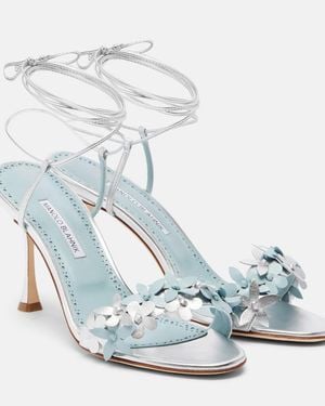 Manolo Blahnik Anista Floral-Applique Leather Sandals - Blue
