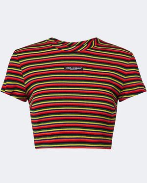 Dolce & Gabbana Cropped Striped Cotton T-Shirt - Red