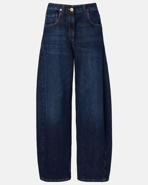 Brunello Cucinelli Leather-Trimmed Barrel-Leg Jeans - Blue
