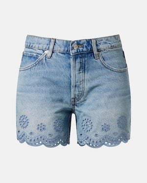 FRAME Shorts Long Hang De Denim Con Bordado Ingles - Azul