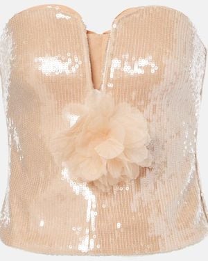Self-Portrait Floral-Applique Sequined Bustier Top - Natural