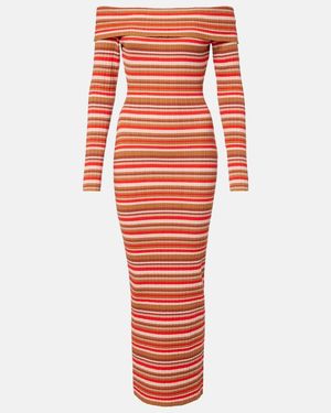 Bananhot Bonnie Ribbed-Knit Striped Off-Shoulder Maxi Dress - Red