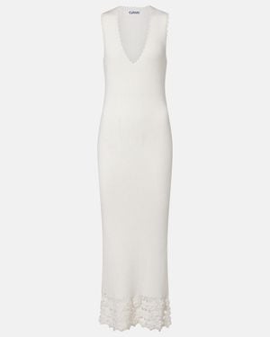 Ganni Crochet-Trimmed Ribbed Cotton-Blend Midi Dress - White