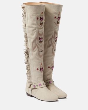 Isabel Marant Soksa Embroidered Suede Knee-High Boots - Natural