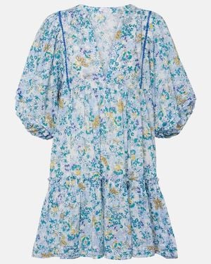 Poupette Aria Floral Gathered Cotton Minidress - Blue