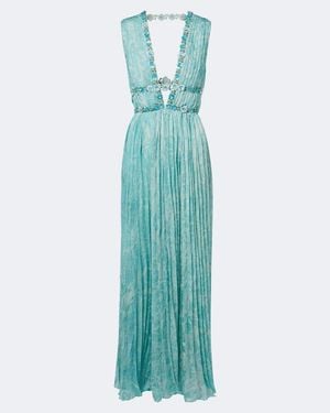 La Fuori Frosted Embellished Floral Silk Gown - Blue