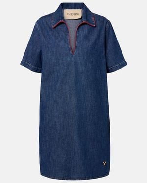 Valentino Vestido Midi De Denim Con Vgold - Azul