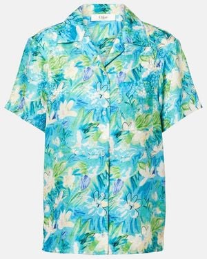 Chloé Floral Ribbed-Knit Cotton-Blend Top - Blue