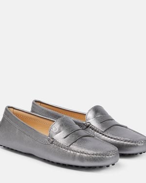 Tod's Metallic Leather Moccasins - Grey