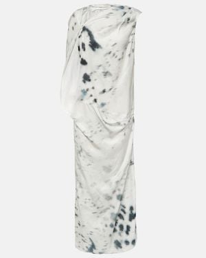 JACQUES WEI Gathered Printed Satin Midi Dress - White