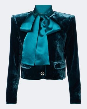 retroféte Alto Cropped Scarf-Detail Velvet Jacket - Blue