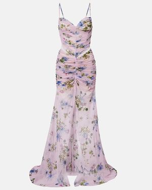 Blumarine Floral Ruched Sheer Gown - Purple