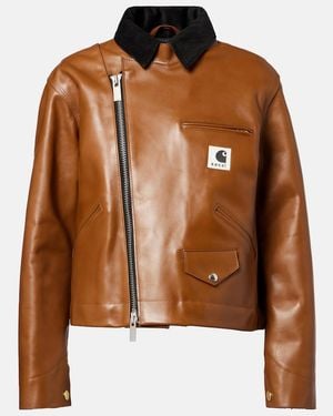 Sacai X Carhartt Asymmetric Leather Jacket - Brown