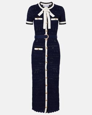 Self-Portrait Bow-Detail Pointelle Cotton-Blend Midi Dress - Blue