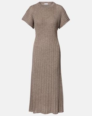 Brunello Cucinelli Ribbed-Knit Lame Midi Dress - Natural