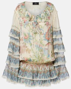 Etro Printed Ruffled Lace-Trimmed Silk Minidress - Metallic