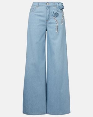 Area Jeans Anchos Con Aplique Floral - Azul
