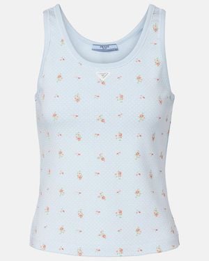 Prada Floral Cotton-Blend Tank Top - Blue