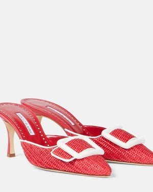Manolo Blahnik Maysale 70 Leather-Trimmed Raffia Mules - Red