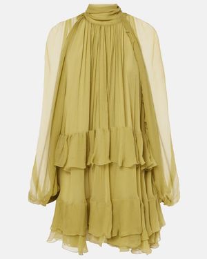 Chloé Vestido Corto De Muselina Seda Con Volantes - Amarillo