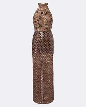 La Fuori Scales Of Embellished Halterneck Gown - Brown