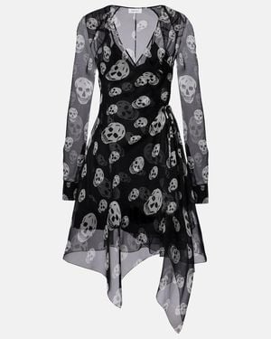 McQueen Skull Asymmetric Silk Chiffon Wrap Dress - Black