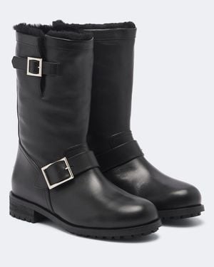Jimmy Choo Biker Shearling-Lined Leather Mid-Calf Boots - Black