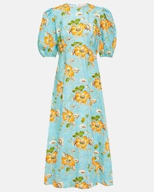 ALÉMAIS Floral Puff-Sleeve Linen Midi Dress - Blue