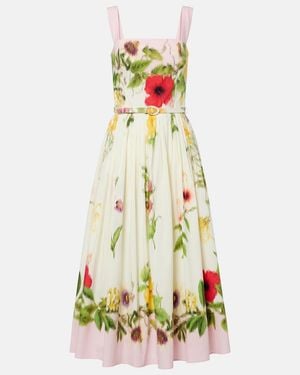 Oscar de la Renta Belted Floral Cotton-Blend Poplin Midi Dress - White