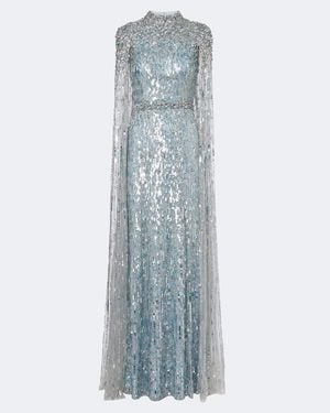 Jenny Packham Opera Embellished Caped Gown - Blue