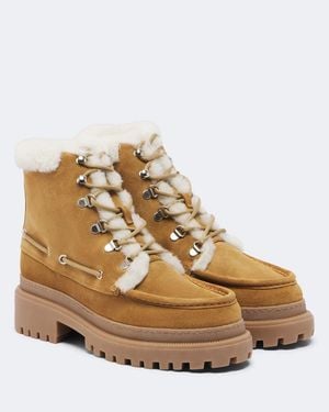 Yves Salomon Shearling-Lined Suede Lace-Up Boots - Natural