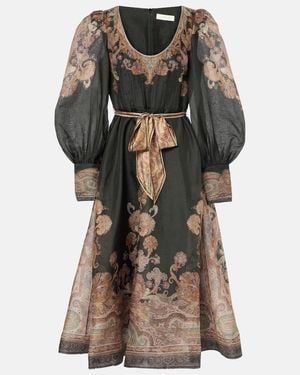 Zimmermann Printed Linen And Silk-Blend Organza Midi Dress - Black
