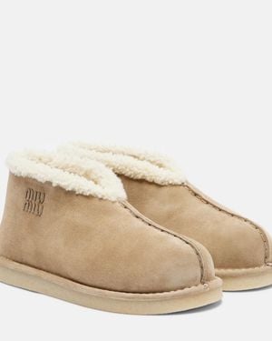 Miu Miu Shearling-Lined Suede Ankle Boots - Natural