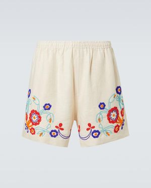 Bode Garden Party Beaded Linen Bermuda Shorts - White