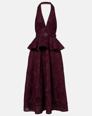 Self-Portrait Broderie Anglaise Cotton And Linen Midi Dress - Purple