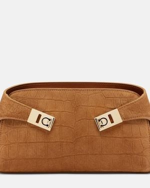 Ferragamo Hug Mini Croc-Effect Suede Clutch - Brown