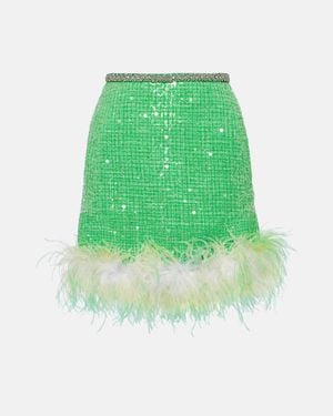Self-Portrait Feather-Trimmed Sequined Boucle Miniskirt - Green