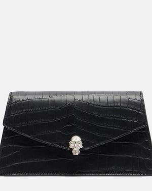 McQueen Skull Mini Croc-Effect Leather Clutch - Black