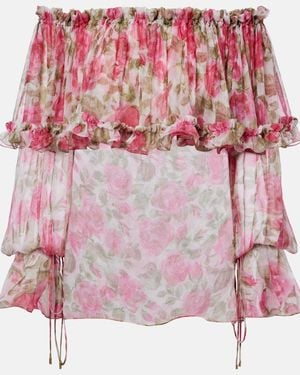 Chloé Floral Off-Shoulder Silk Top - Pink