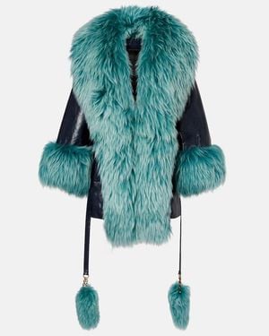 Chloé Shearling-Trimmed Leather Coat - Blue
