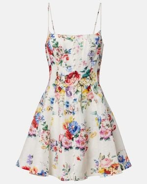 CAMILLA Embellished Floral Linen And Silk Minidress - White