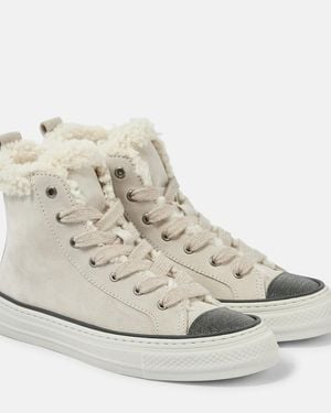 Brunello Cucinelli Suede Trainers With Shearling Lining And Jewelled Toe Cap - Natural