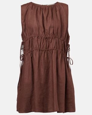 Asceno Gathered Linen Minidress - Brown