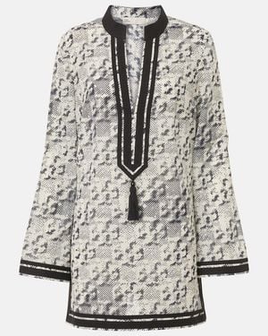 Tory Burch Silk And Cotton Tunic With Pixelated Logo Print - Grey