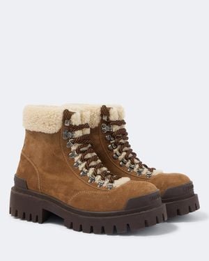 Balenciaga Shearling-Lined Suede Lace-Up Boots - Brown
