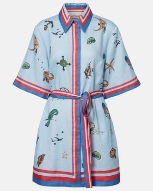 ALÉMAIS Printed Belted Linen Shirt Dress - Blue