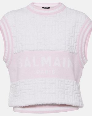 Balmain Monogram Wool And Cotton-Blend Knitted Top - White
