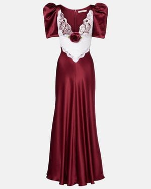 Rodarte Floral-Applique Lace-Trimmed Silk Gown - Red