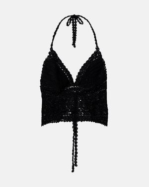 Anna Kosturova Filigree Crochet Halterneck Cotton Top - Black